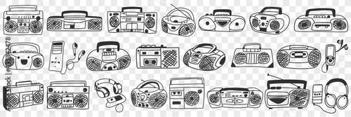 Old tape recorder doodle set. Collection of hand drawn various retro styled tape recorder for listening to music in rows isolated on transparent background 