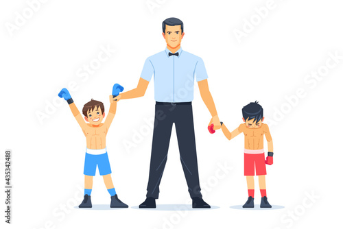 Referee lighting hand of winner standing with loser in boxing ring. Professional Boxing among boys Concept of sports and healthy lifestyle. Cartoon vector illustration isolated on white background