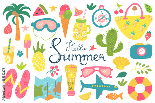 Summer beach set of elements with hand lettering on a white background. Recreation, tourism. Vector images in a flat style