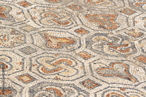 Colourful stone mosaic on the floor of historic houses in Ephesus ancient city, Turkey