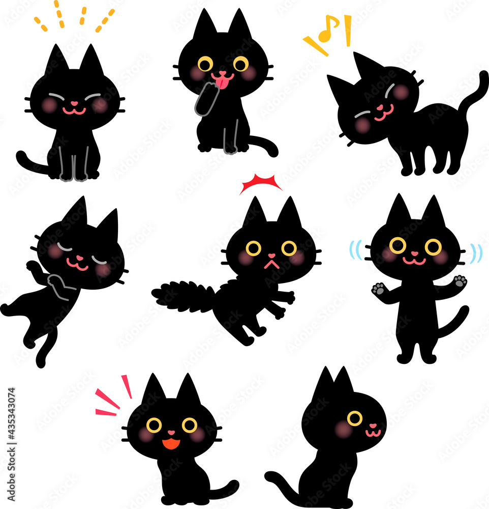 黒猫のキャラクターのイラストセット