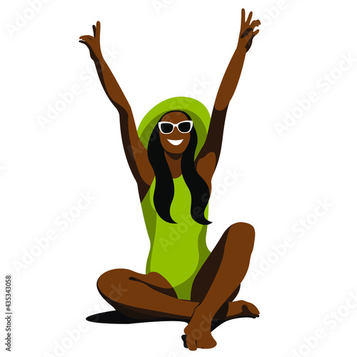 vector illustration on the theme of summer holidays. dark-skinned girl in a green swimsuit with raised hands rejoices in the summer isolated on white background. useful for advertising summer vacation