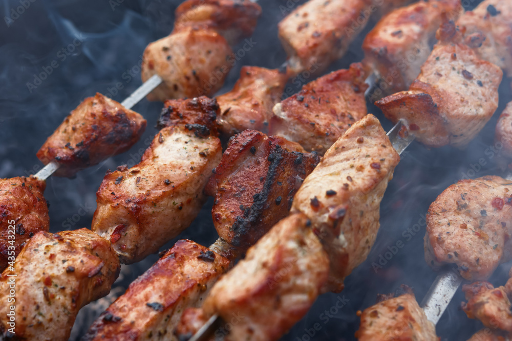 Shish Kebab skewer grill. Delicious background of roast pork, beef. The concept of summer outdoor recreation, picnic. Cooking meat on an open fire. Delicious crispy toasted barbecue. Atmospheric smoke Shish Kebab skewer grill. Delicious background of roast pork, beef. The concept of summer outdoor recreation, picnic. Cooking meat on an open fire. Delicious crispy toasted barbecue. Atmospheric smoke