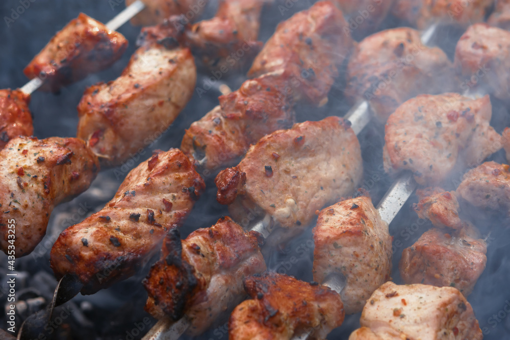 Shish Kebab skewer grill. Delicious background of roast pork, beef. The concept of summer outdoor recreation, picnic. Cooking meat on an open fire. Delicious crispy toasted barbecue. Atmospheric smoke