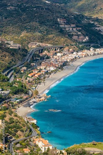 Aerial view of the sicilian coastline as seen from Taormina, Sicily, Italy. © Mazur Travel