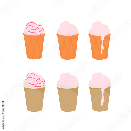 Ice cream in a cup. A paper container. Waffle cup. Outline vector illustration on a white background.