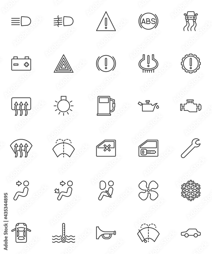 Vehicle dashboard line icons set Vehicle dashboard line icons set