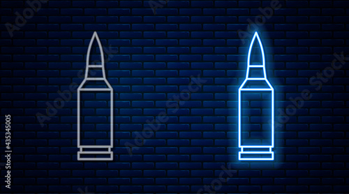 Glowing neon line Bullet icon isolated on brick wall background. Vector