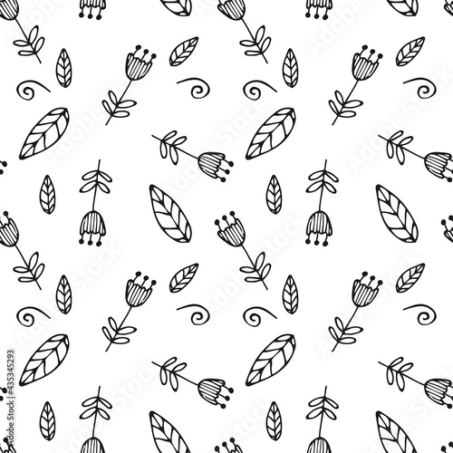 Seamless pattern with simple hand-drawn floral elements. Scandinavian style. Vector illustration in black and white