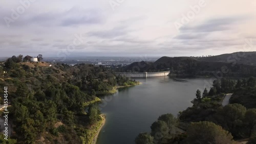 Hollywood Reservoir, aerial over Lake Hollywood, Mulholland Dam, cloudy day