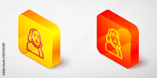 Isometric line Benjamin Franklin icon isolated on grey background. Yellow and orange square button. Vector