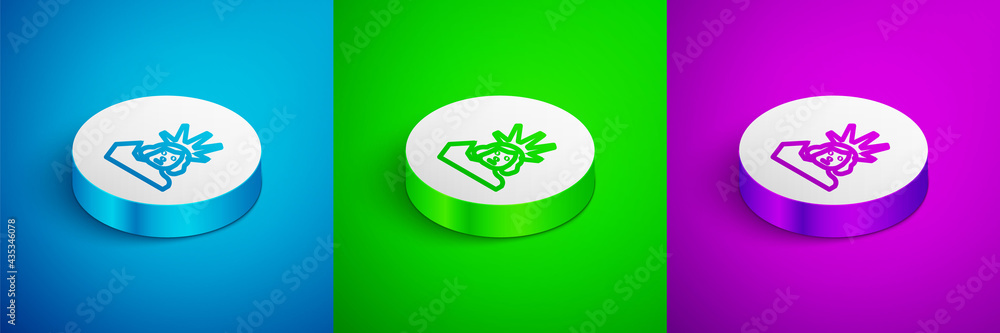 Isometric line Statue of Liberty icon isolated on blue, green and purple background. New York, USA. White circle button. Vector Isometric line Statue of Liberty icon isolated on blue, green and purple background. New York, USA. White circle button. Vector