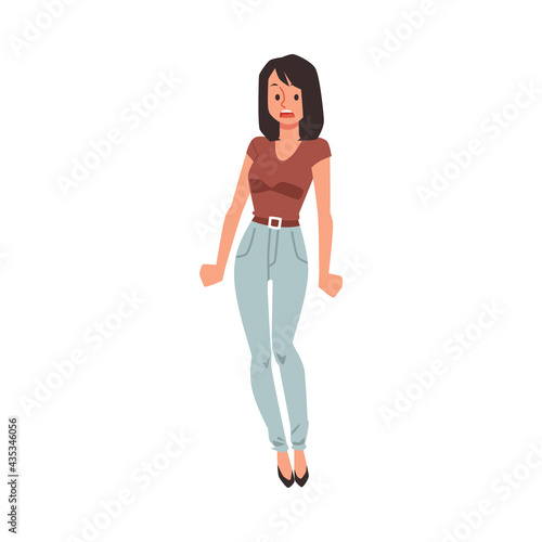 Scared woman with open in scream mouth, flat vector illustration isolated.