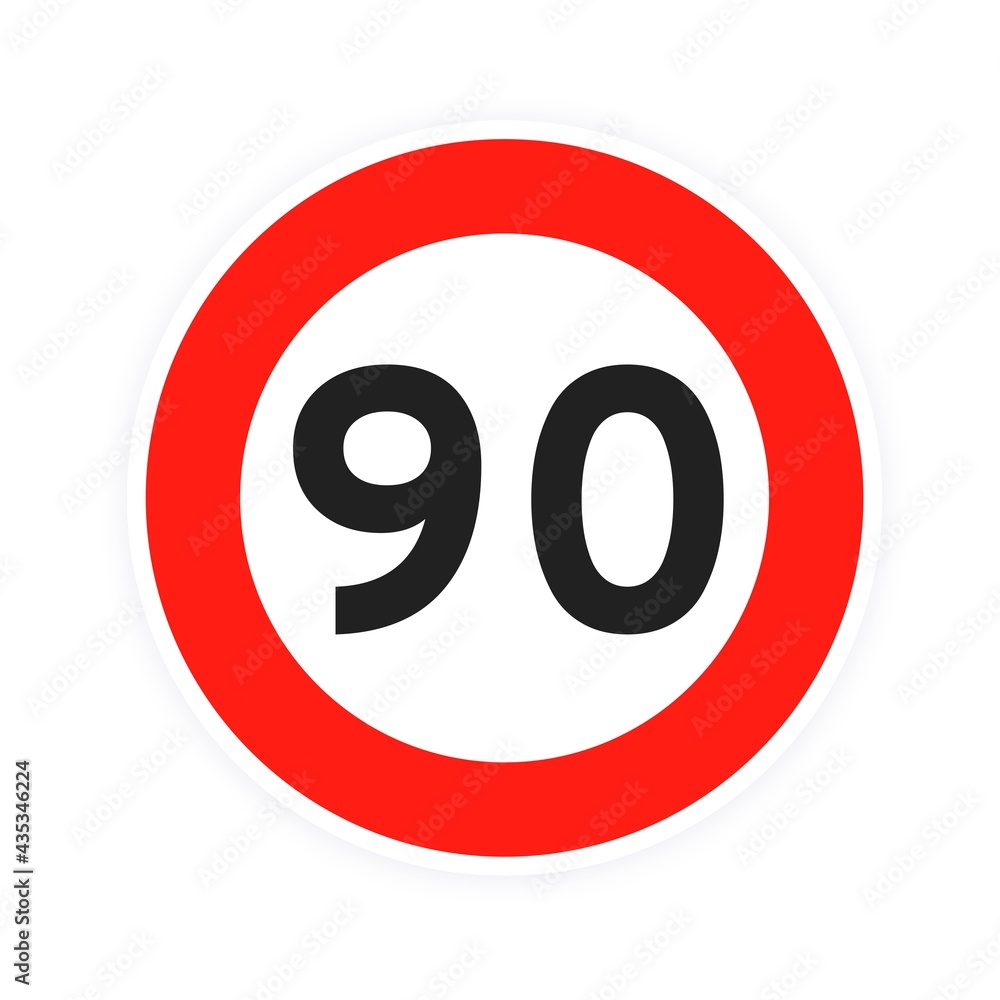 Speed limit 90 round road traffic icon sign flat style design vector illustration isolated on white background. Circle standard road sign with number 85 kmh. Speed limit 90 round road traffic icon sign flat style design vector illustration isolated on white background. Circle standard road sign with number 85 kmh.