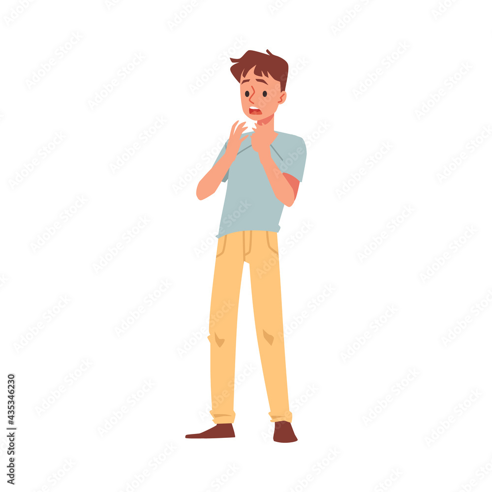 Scared male character with expression panic fear on face afraid something. Scared male character with expression panic fear on face afraid something.
