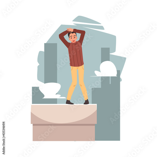 Man with fear or phobia of heights, flat vector illustration isolated.