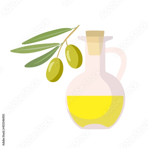 Bottle of oil and olive branch with leaves. Fresh extra virgin olive oil. Overhead view of olives on green branch. Vegetable for Mediterranean or vegan diet. Flat design isolated on white background
