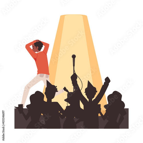 Man with fear of public speaking runs away from crowd, flat vector illustration.
