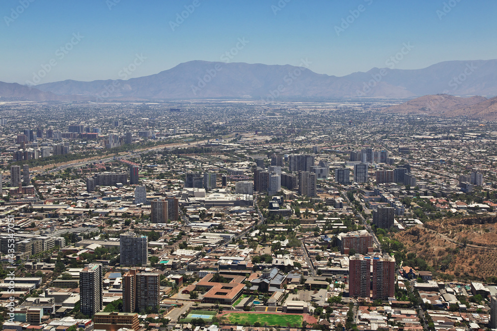 Panoramic view of Santiago from San Cristobal Hill, Chile