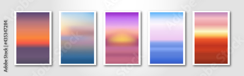 Modern blurred gradient backgrounds with sunset and sunrise. Delicate colored paper cards