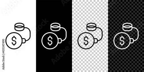 Set line Debt ball chained to dollar coin icon isolated on black and white, transparent background. Big heavy debt weight with shackles and money. Financial crime, fee, crisis. Vector