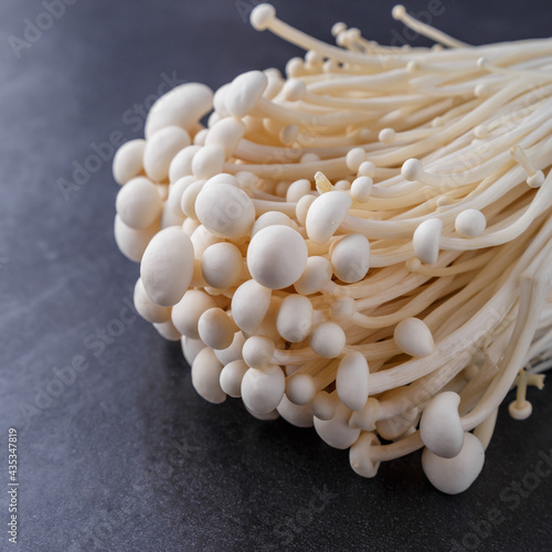Fresh Enoki mushrooms on black background with selected focus.Enoki, also known as velvet shank, is a species of edible mushroom in the family Physalacriaceae.