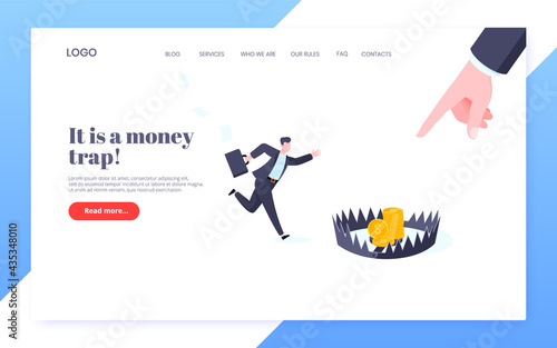 Money trap business concept. Young adult businessman running to catch the coin money in the steel bear trap flat style design vector illustration. Metaphor of greedy financial risk and bad solutions.