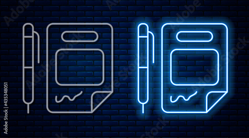 Glowing neon line Contract money and pen icon isolated on brick wall background. Banking document dollar file finance money page. Vector
