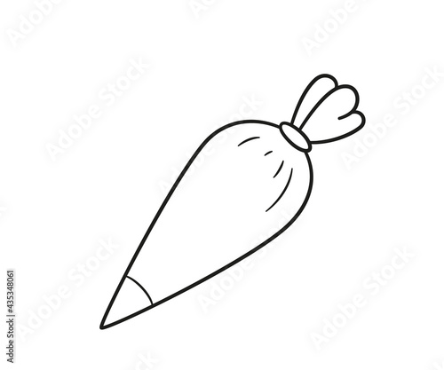 Hand drawn pastry Icing bag with nozzle. Baking piping bag. Vector illustration in doodle style on white background.