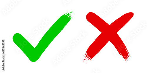 Cross x and tick v OK check mark vector illustration isolated on white background. Two dirty grunge hand drawn brush strokes Check mark symbol NO and YES buttons for vote in checkbox for web. photo