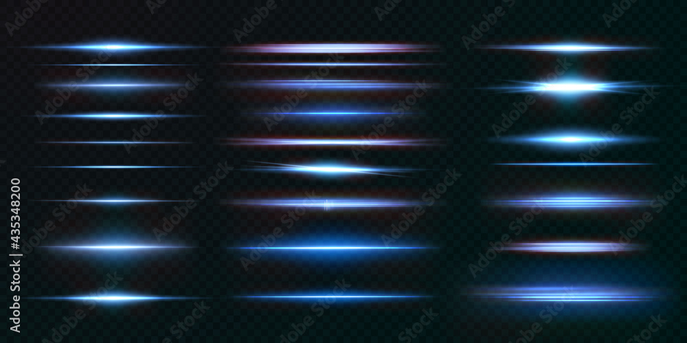 Light beams of light in neon and blue.Illuminated horizontal neon laser.Collection of light transparent realistic rays for design isolated on a transparent background. Light line effect neon png.