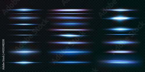 Light beams of light in neon and blue.Illuminated horizontal neon laser.Collection of light transparent realistic rays for design isolated on a transparent background. Light line effect neon png.