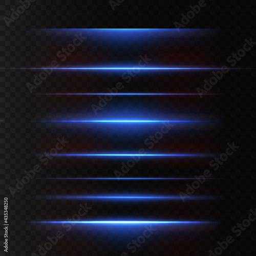 Light beams of light in neon and blue.Illuminated horizontal neon laser.Collection of light transparent realistic rays for design isolated on a transparent background. Light line effect neon png.