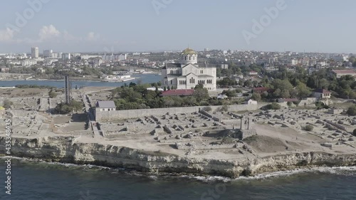 D-Log. Sevastopol, Crimea. Vladimirsky Cathedral in Chersonesos. Chersonesus Tauric - founded by the ancient Greeks on the Heracles peninsula on the Crimean coast, Aerial View, Point of interest photo