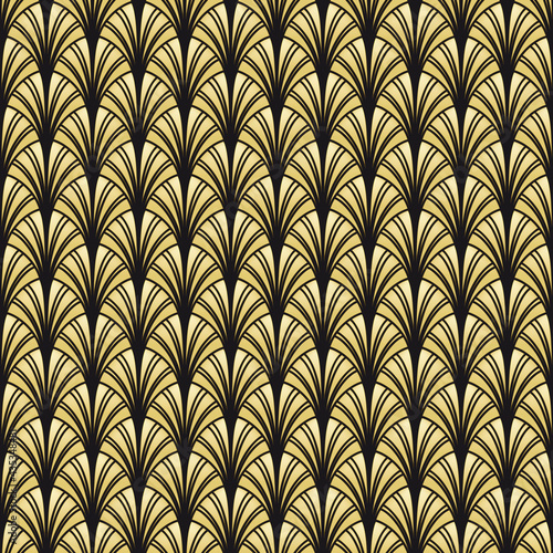 Art-Deco golden pattern, palm leaves. Seamless pattern made in Art-Deco style.