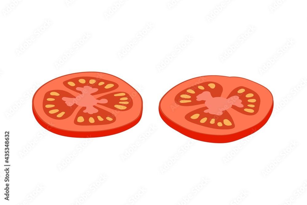 Two pieces of tomato. Isolated red colour tomato. Sliced tomato. Vector illustration isolated on white background. Flat design style for menu, cafe, restaurant, poster, banner, emblem, sticker.