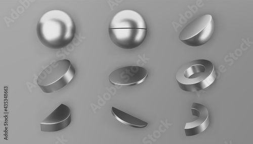 3d render chrome geometric shapes objects set isolated on grey background. Metal glossy realistic primitives - sphere, cylinder, pipe with shadows. Abstract decorative vector figure for trendy design