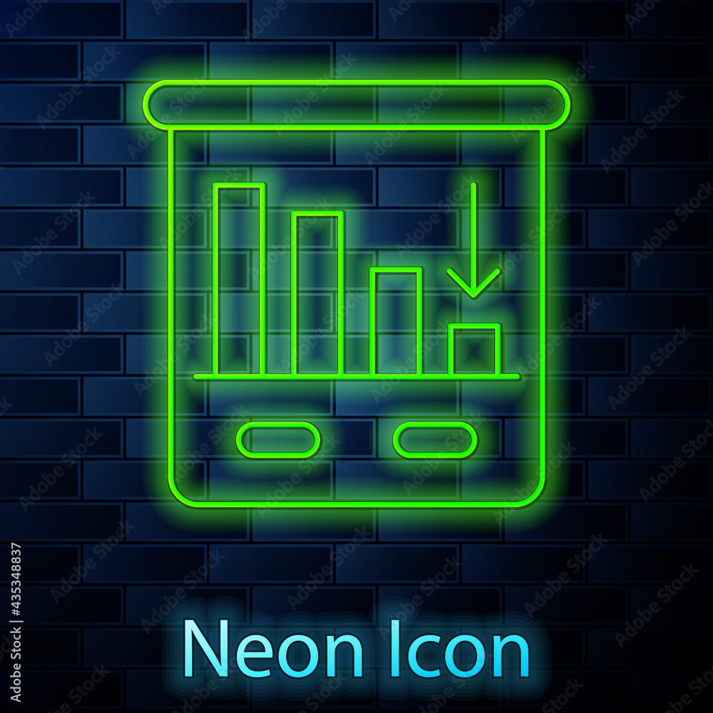Glowing neon line Pie chart infographic icon isolated on brick wall background. Diagram chart sign. World finance crisis. Vector Glowing neon line Pie chart infographic icon isolated on brick wall background. Diagram chart sign. World finance crisis. Vector