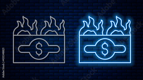 Glowing neon line Burning dollar bill icon isolated on brick wall background. Dollar bill on fire. Burning of savings. Vector