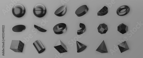 3d render black geometric shapes objects set isolated on grey background. Black realistic primitives - sphere, pyramid, torus, cone with shadows. Abstract decorative vector figure for trendy design