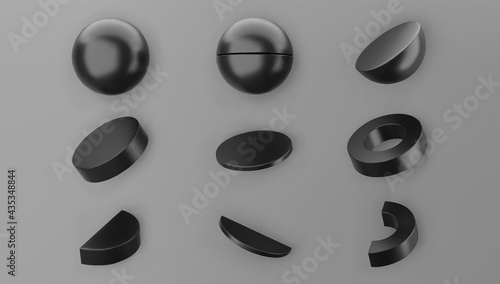 3d render black geometric shapes objects set isolated on grey background. Black realistic primitives - sphere, cylinder, pipe, ring with shadows. Abstract decorative vector figure for trendy design
