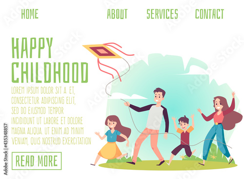 Happy childhood web banner with family flying a kite, flat vector illustration.