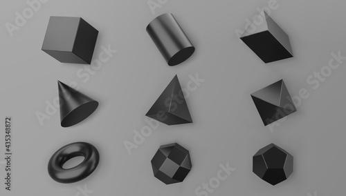 3d render black geometric shapes objects set isolated on grey background. Black realistic primitives - cube, pyramid, torus, cone with shadows. Abstract decorative vector figure for trendy design
