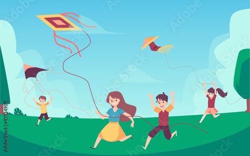 Summer background with happy kids flying kites, flat vector illustration.