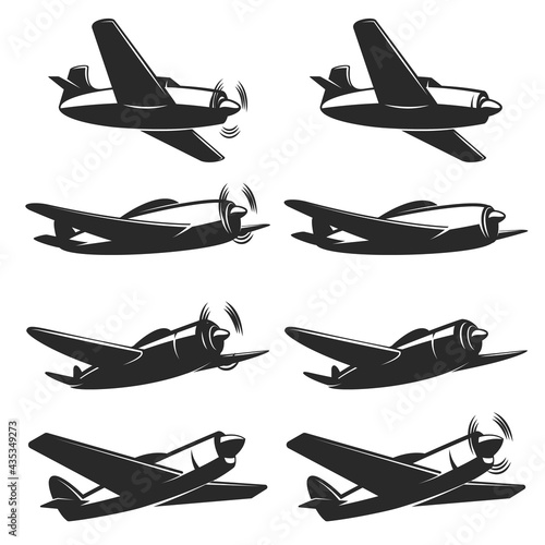 Set of retro airplane icons . Design element for logo, label, sign, emblem. Vector illustration