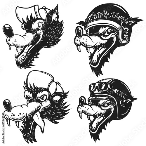 Set of illustrations of cartoon wolf in baseball hat, racer helmet. Design element for logo, label, sign, emblem, banner. Vector illustration