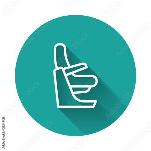 White line Airplane seat icon isolated with long shadow background. Green circle button. Vector