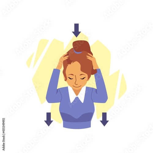 Woman doing head tilts to stretch and relax neck, vector illustration isolated.