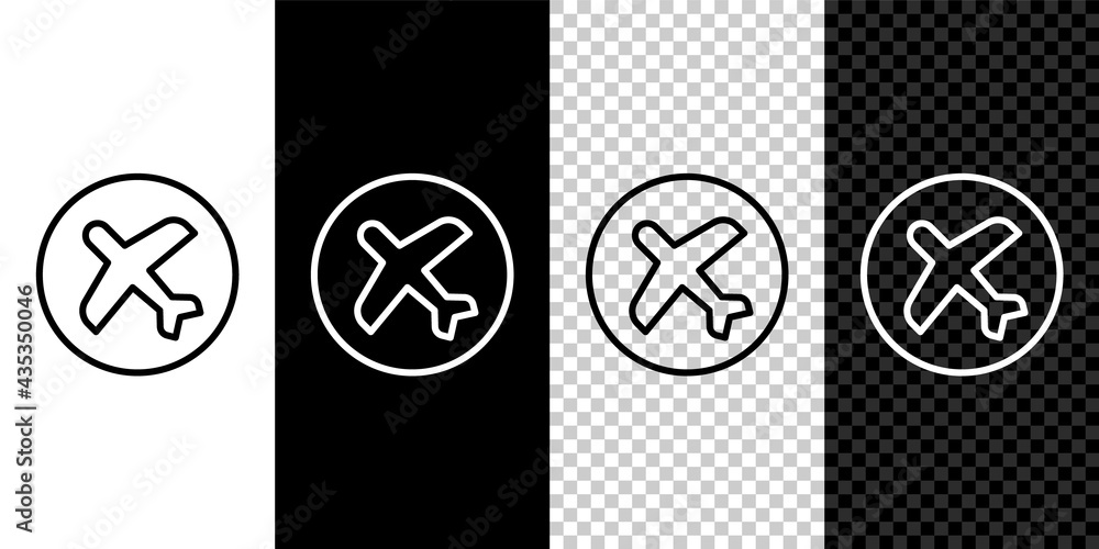 Set line Plane icon isolated on black and white, transparent background. Flying airplane icon. Airliner sign. Vector
