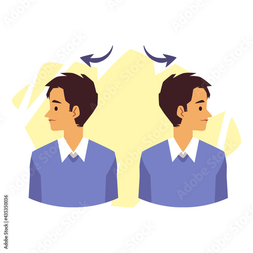 Man doing neck muscles stretch exercises, flat vector illustration isolated.